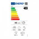 Bosch-pesukoneen energiamerkintä: energialuokka A, kulutus 40 kWh, kapasiteetti 7 kg, vedenkulutus 44 l, ohjelman kesto 2:55, äänitaso 72 dB.